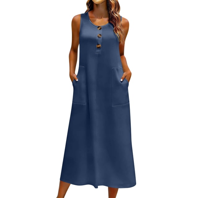 Robe d'Été Unie pour Femmes, Sans Manches Col Rond Ligne A Longue Maxi Robe d'Été avec Poches pour Tenue Décontractée de Plage Vacances