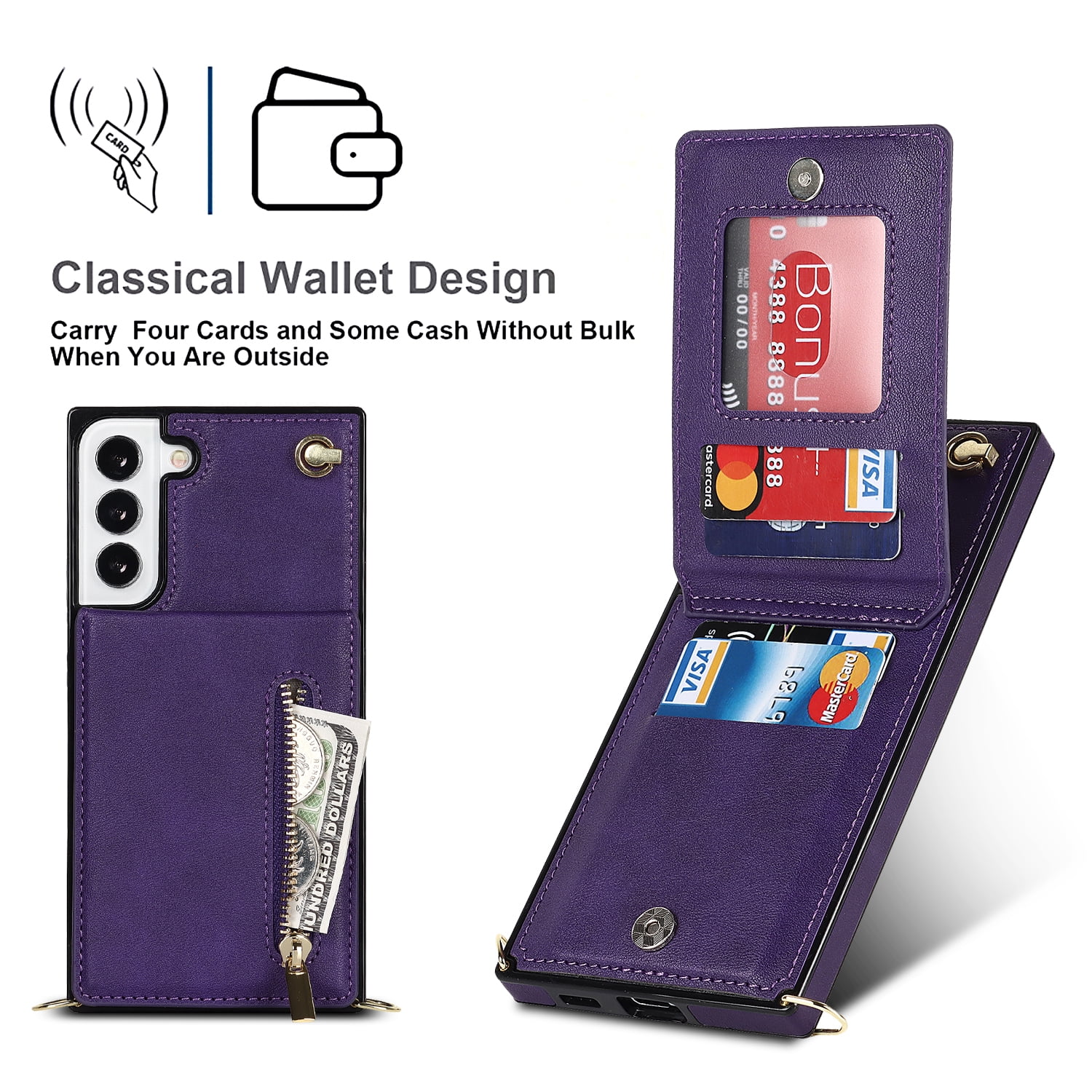 Dteck Flip Leather Wallet Case for Samsung Galaxy S24 Plus, Crossbody Wallet Case with Credit Card Holder Zipper Pocket Lanyard Shoulder Strap, Kickstand Phone Cover for Samsung S24 Plus,Purple