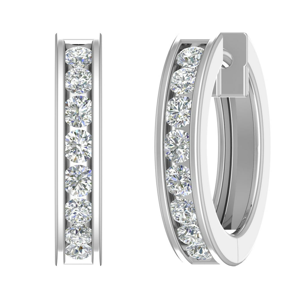 FINEROCK 14K White Gold Hoop Huggies Channel Set Diamond Earrings (I1