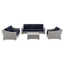 Lounge Sectional Sofa Chair Set, Rattan, Wicker, Light Grey Gray Blue Navy, Modern Contemporary Urban Design, Outdoor Patio Balcony Cafe Bistro Garden Furniture Hotel Hospitality