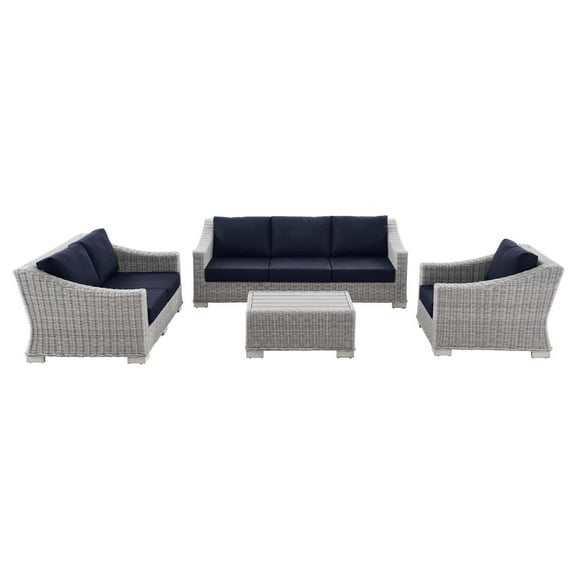 Lounge Sectional Sofa Chair Set, Rattan, Wicker, Light Grey Gray Blue Navy, Modern Contemporary Urban Design, Outdoor Patio Balcony Cafe Bistro Garden Furniture Hotel Hospitality
