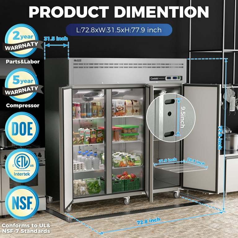 Coolski Commercial Refrigerator and Freezer Combo Reach In Freezer 54 cu.ft 72 inch W 3 Door Silver