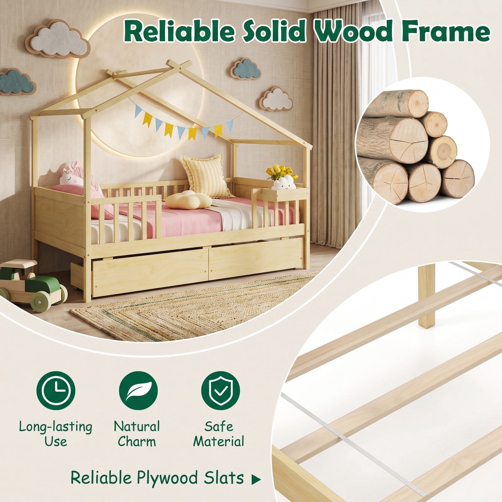 Furnibear Twin House Bed Frame with Storage Drawers, Montessori Floor Bed with Roof Frame and Fence Rails, Platform Bed Frame for Kids Room, Natural