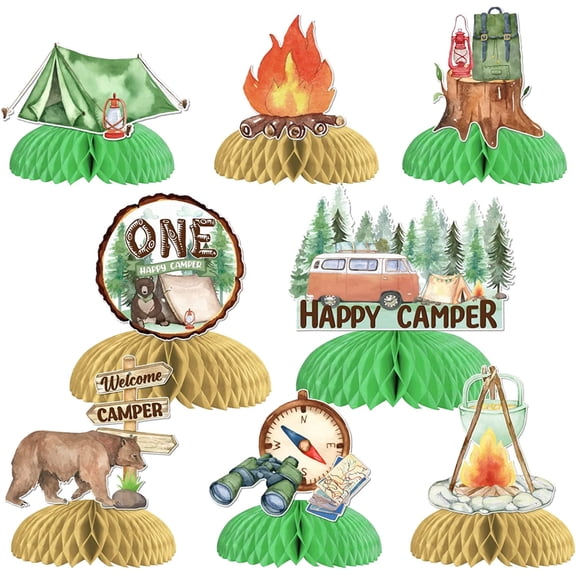 Camping Table Decoration Centerpieces One Happy Camper Birthday Decorations Camping Themed with Honeycomb Centerpieces for 1st Happy Camper Party Supplies, Welcome Camper Party Decoration