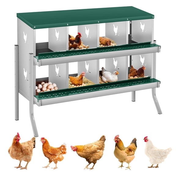 8 Compartment Chicken Nesting Box with Legs, 2 Layer Wall Mount/Free Standing Poultry Nest for Chickens, Hens, Ducks, Metal Chicken Laying Boxes with Perch, Secure Lid, Vented Holes, Green