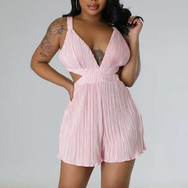 LOVZFMLL Womens Summer Solid Color Mini Strappy Casual Rompers Short Jumpsuit Pink S