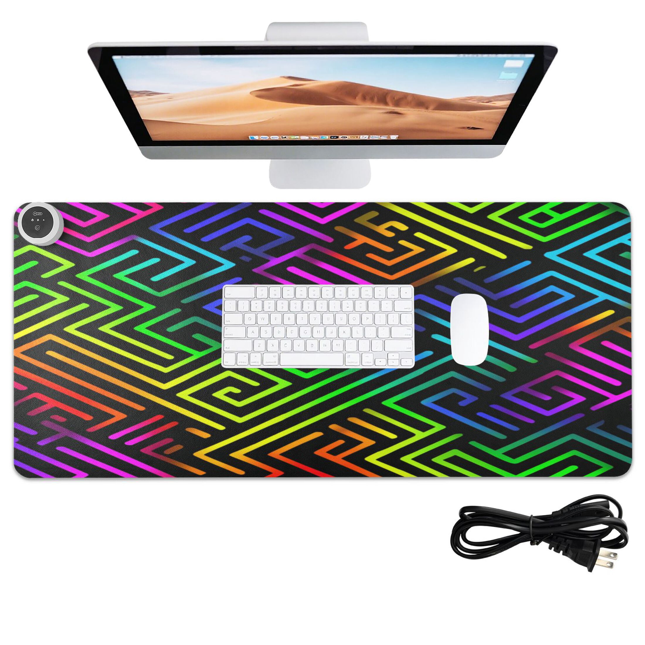 Large Heated Desk Mat Mouse Pad 31.5"x13"PU Leather Graphene Heating Desk Warmer with 3 Temperature Settings 110V US Plug Non-Slip Warm Pad for Home, Office, and Gaming Rainbow Neon Labyrinth Print