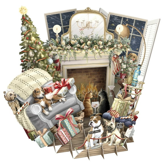 Me & McQ Sitting Room: Dogs and Cats with Wine and Cocktail Glasses Near Fireplace 3D Pop Up Laser Cut Christmas Card