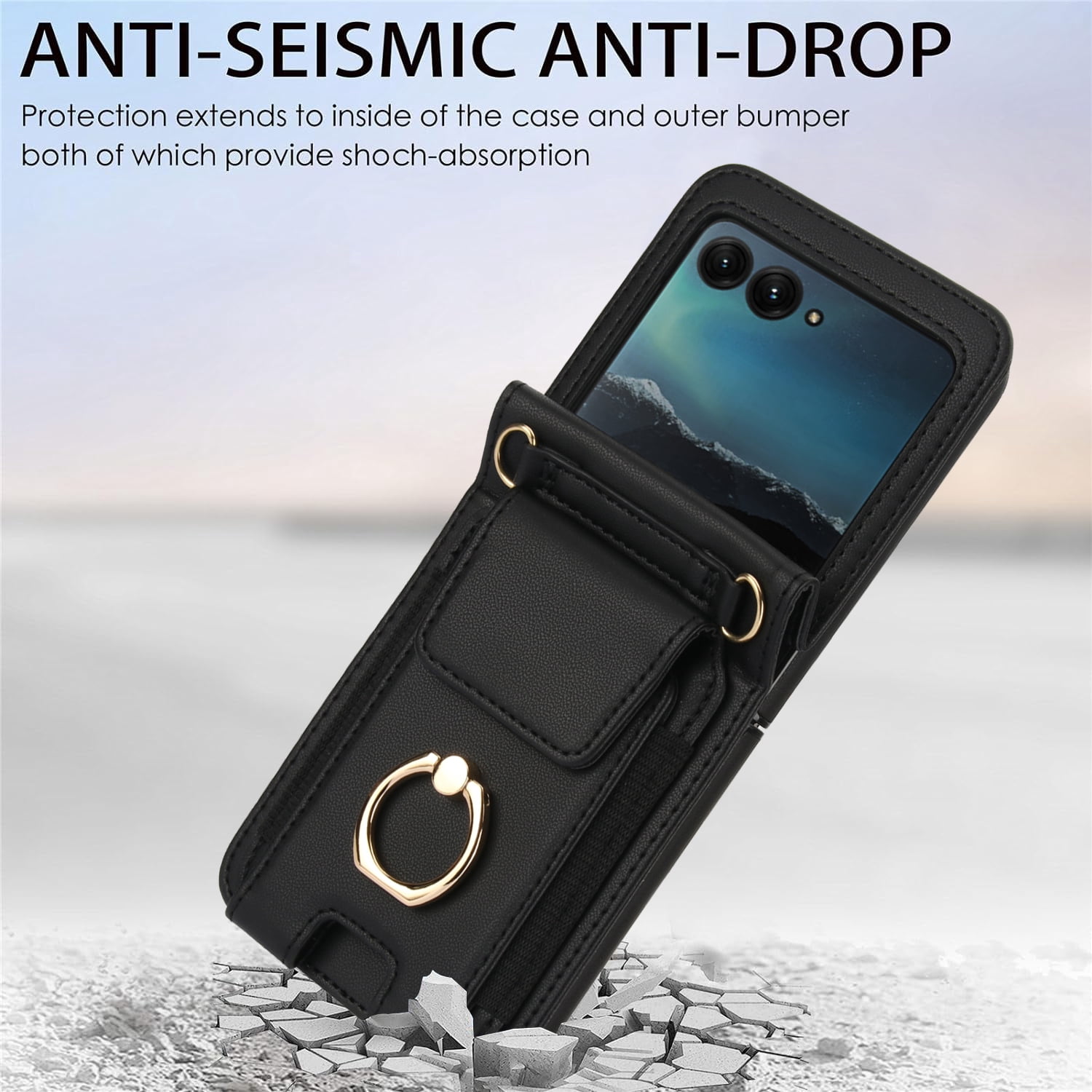 for Motorola Razr 2024 Case, Retro PU Leather Shockproof Protection Phone Case Wallet Built in Credit Card Slots Flip Cover Finger Ring Stand with Long Strap + Short Strap, Black
