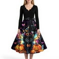 thumbnail image 2 of Knosfe Halloween Dress for Women Funny Pumpkin Spider Swing A Line Hepburn Dresses Long Sleeve V Neck Party Retro 1950s Dress with Belt Cyan 5XL, 2 of 4