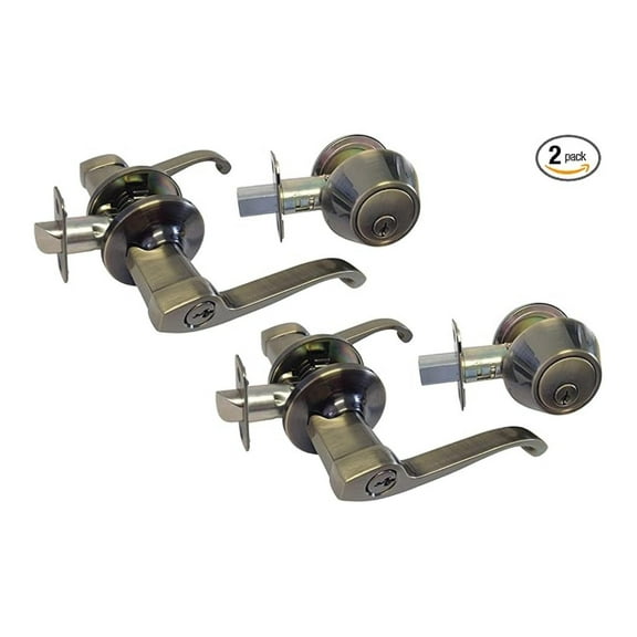 2 Set Antique Brass Entry Entrance keyed Levers with Matching Single Cylinder Deadbolts Combo Keyed Alike 835AB