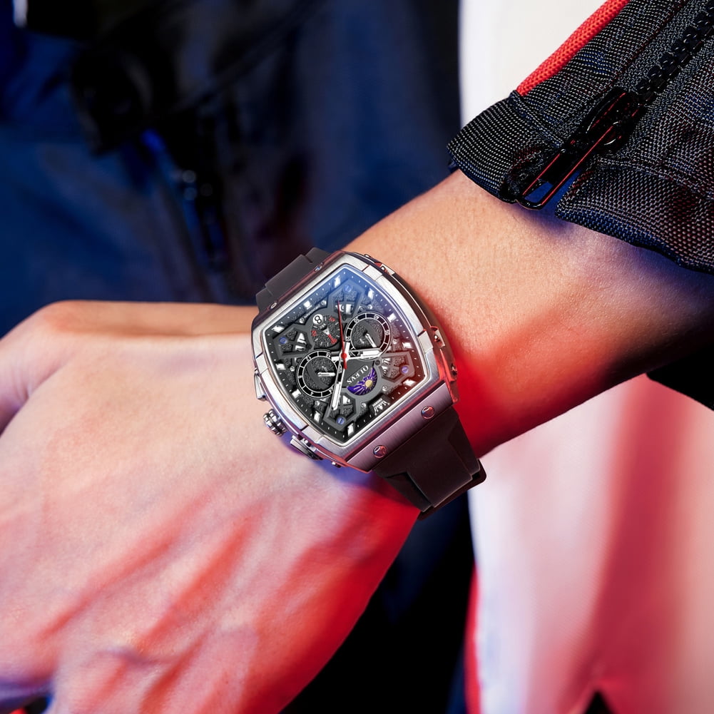 OLEVS Watches for Men Chronograph Waterproof Luxury Dress Quartz Silicon Strap Multifunction Moon Phase Calendar Luminous Men Wrist Watches Reloj Para Hombre Black/Red