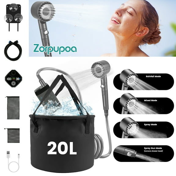 Zorpupoa 20L Portable Shower for Camping IPX7 Waterproof 6000mAh Rechargeable Shower Pump  Shower Head with Foldable Bucket For Hiking Beach Travel Car Pet No Heating Function