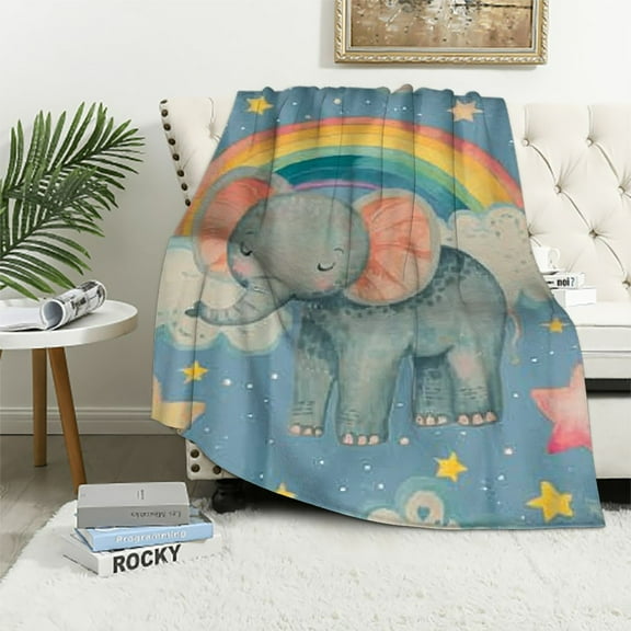 BCIIG Elephant Rainbow Blanket, Cute Baby Elephant Fleece Throw with Stars and Clouds Design, Soft Cozy Lightweight Blanket, Perfect for Nursery Decor and Baby Showers 40x50in