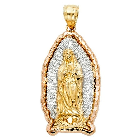 - 14K Solid Tri Color Tone Gold Small Religious Vigin De Guadalupe Diamond Cut Pendant 17mm x 10mm Charm