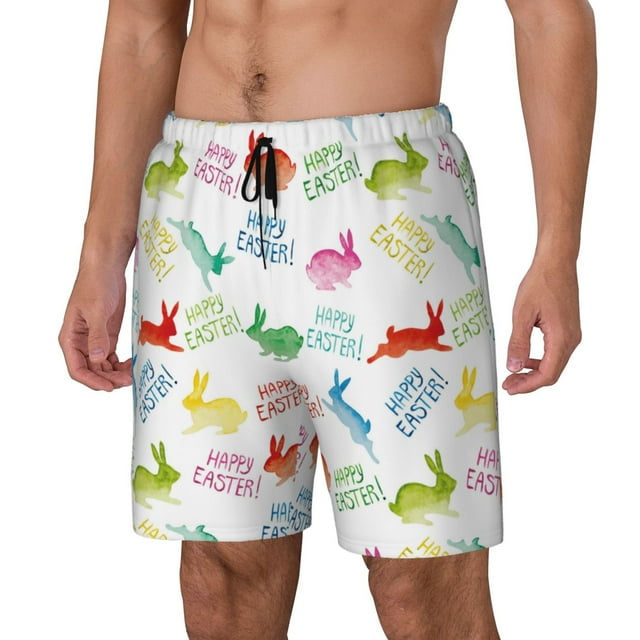 Kdxio Happy Easter Rabbit Print Mens Swim Shorts with Mesh Lining, Breathable and Quick-Drying, Adjustable Waist, Privacy Pocket-X-Large