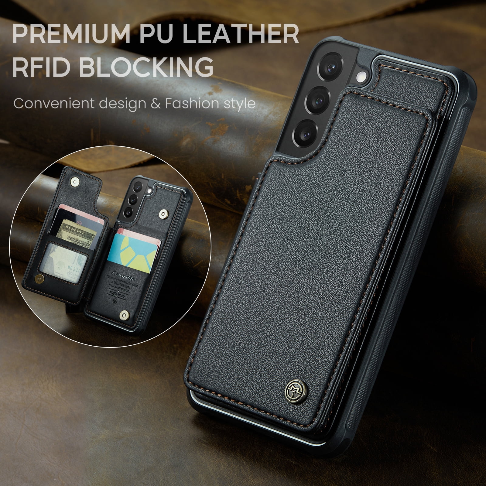 Feishell for Samsung Galaxy S22 Case with Card Holder, Wallet Case for Women Men with RFID Blocking, Durable PU Leather Kickstand Magnetic Clasp Shockproof Phone Case,Black