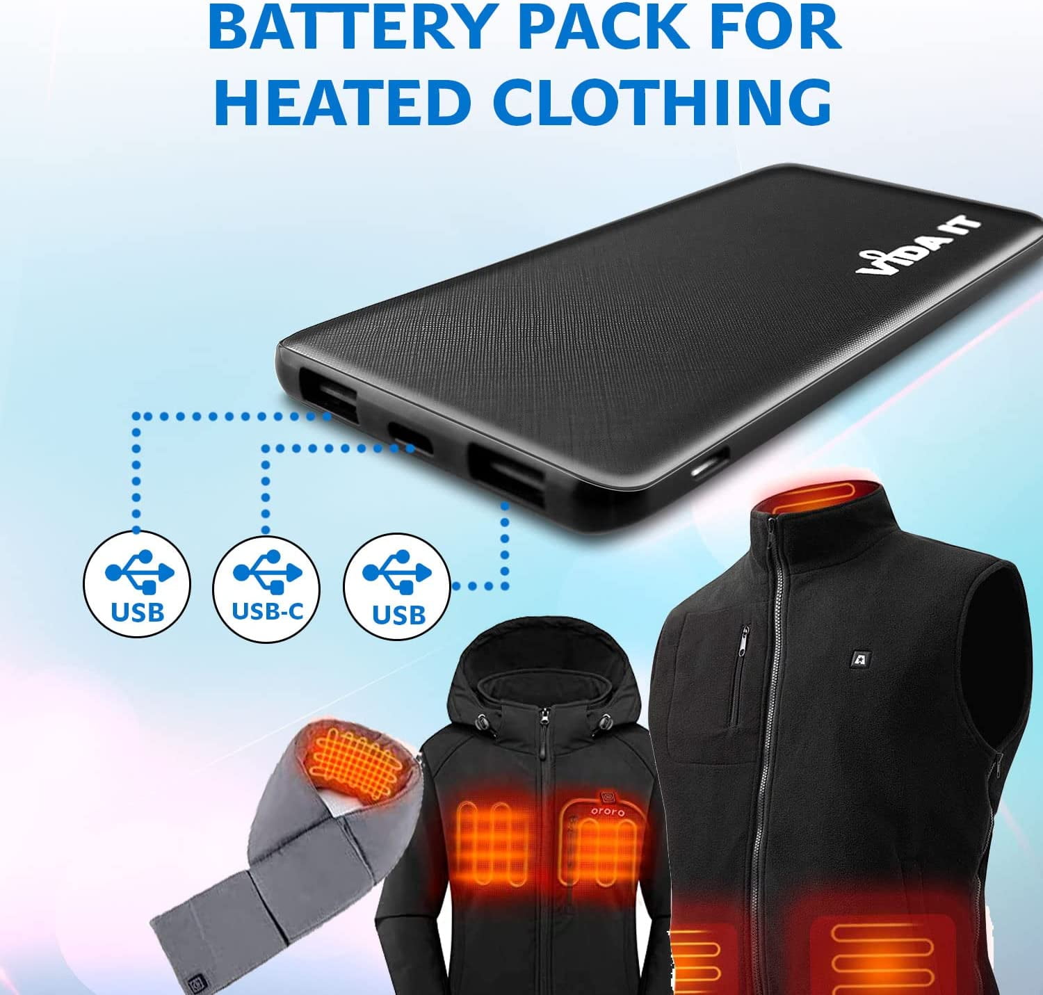 Ultra Slim 5V 2A Power Bank for Heated Vest Rechargeable Heated Jacket Battery Pack Pocket Size Thin 5000mAh Portable USB Charger for Heated Clothing, Scarf, Coat, Pants, Cell Phone USB-C Power Pack