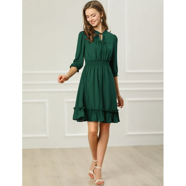 Dia de San Patricio Vestido Corto De Gasa Con Dobladillo Con Volantes Y Manga 3 4 Para Mujer Verde oscuro XL Allegra K Vestido