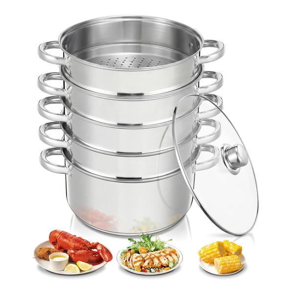 5-Tier Stainless Steel Steamer Pot, 8.5QT Multi-Function Stock Pot with Tempered Glass Lid,  Stackable, Compatible with Induction Gas Stove, FOHERE