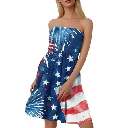 CHCNHAC 4th Of July Tube Dresses for Women American Flag Print Dresses Patriotic Flattering Flowy Swing Strapless Cocktail Dress Blue 2XL