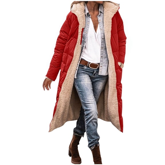 Women's Fleece Lined Long Puff Coat Full Sleeve Zip Up Solid Lapel Collar Cardigan Outerwear with Pockets Red XL