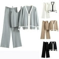thumbnail image 5 of 3 Piece Lounge Sets for Women Long Sleeve Zipper Striped Knit Sweater Sling Vest with Wide Leg Pants Fashion Loose Fit Tracksuit Sets, 5 of 5