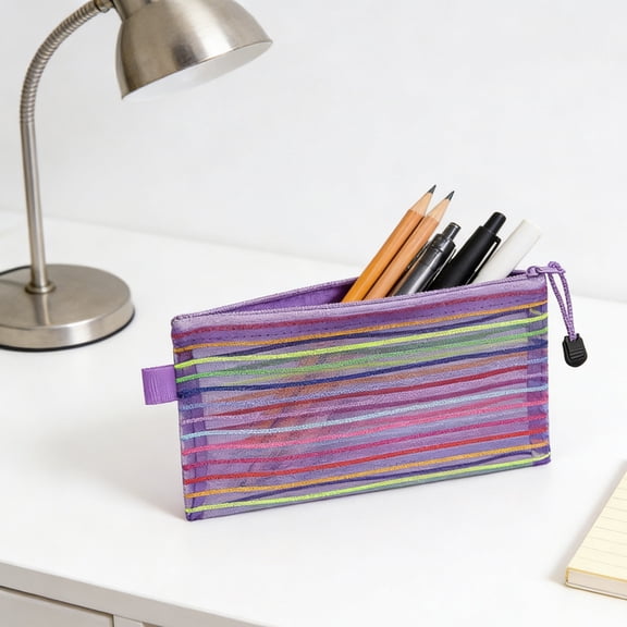 Mesh Pencil Case, Back to Rainbow Zipper Pouch, Colorful Stripe Tulle Pen Bag, Portable Stationery Organizer for Office Supply