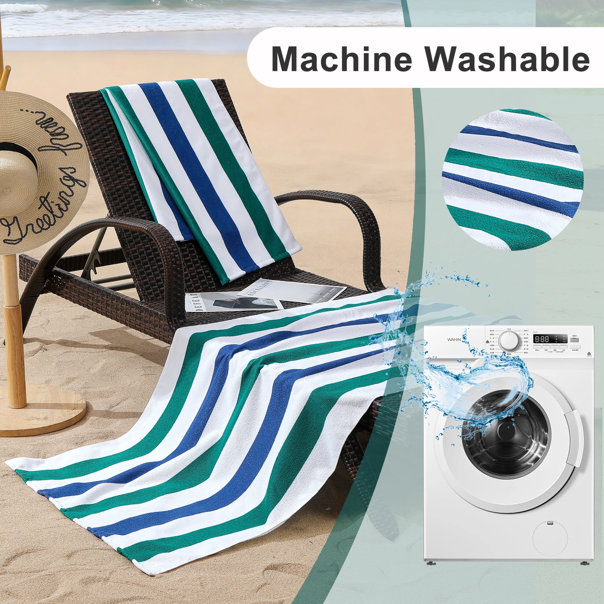 Smuge 4 Pack Cabana Stripe Beach Towels, 60x30 inches Microfiber Lightweight Outdoor Large Swim Towel for Adults (Dark Green Blue)