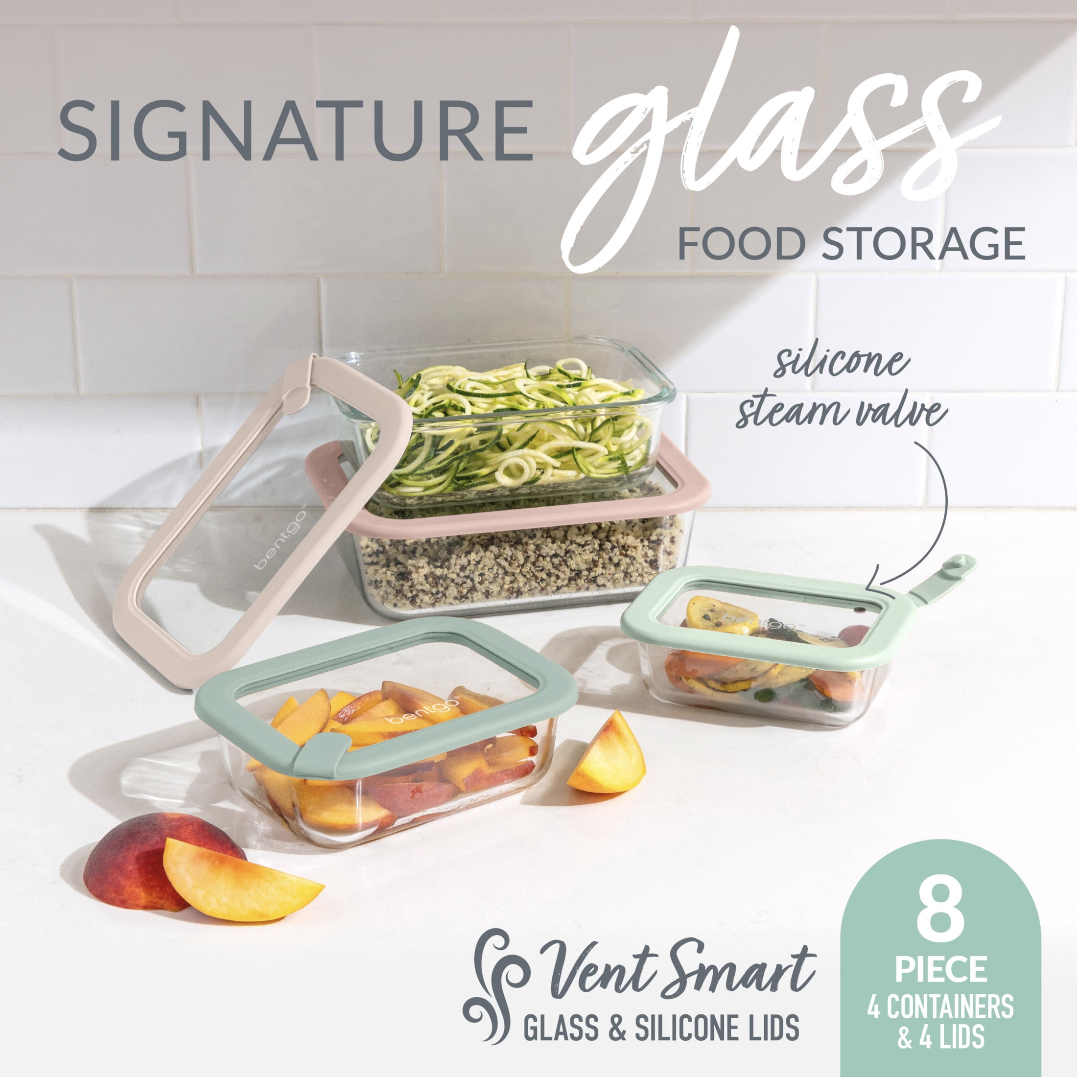 Bentgo Signature Leak-Proof Glass Food Storage - 8-Piece Set, 1-Compartment Plastic-Free Containers with Airtight Glass Lids, BPA-Free, Microwave, Freezer, Oven & Dishwasher Safe (Desert Sage)