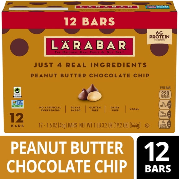Larabar Peanut Butter Chocolate Chip Bars, Gluten Free and Vegan, 19.2 oz, 12 Count