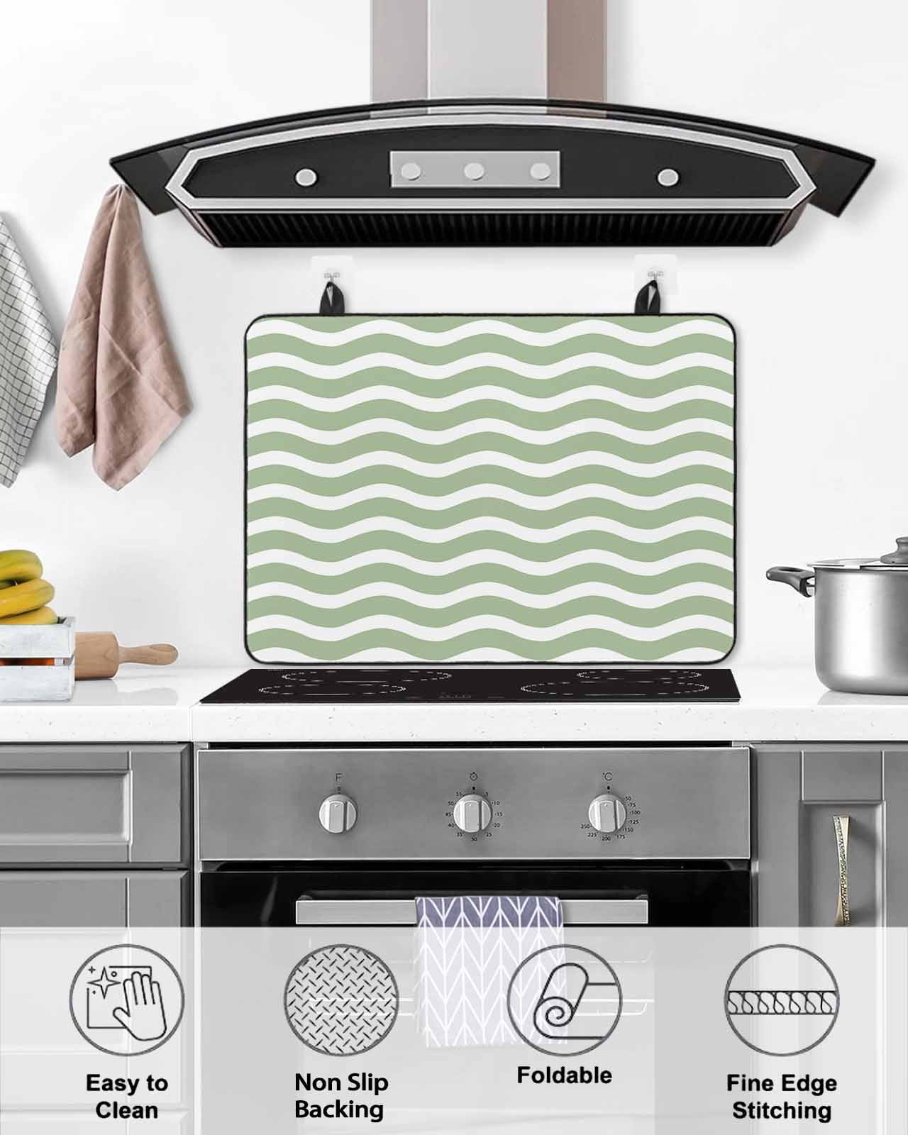 nqOlkjepod Large Induction Cooktop Protector Mat 24"x21", Sage Green Stove Top Covers for Electric Stove, Modern Abstract Waves Water Ripple Striped Stove Burner Cover Mats, Glass Top Stove Cover
