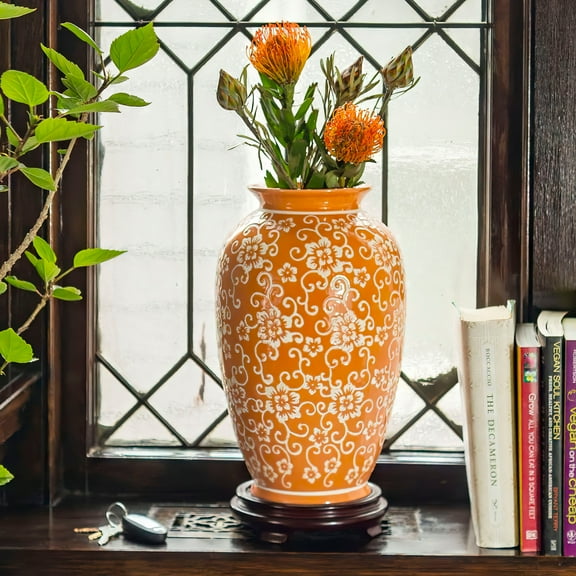 14" White Flowers on Orange Tung Chi Vase