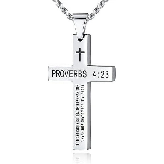 Rynsito Inspirational Bible Verse Cross Necklace for Men, Stainless Steel Plain Black Silver Cross Pendant Necklace for Men 20-24 Inches Curb Chain Faith Jewelry Gift