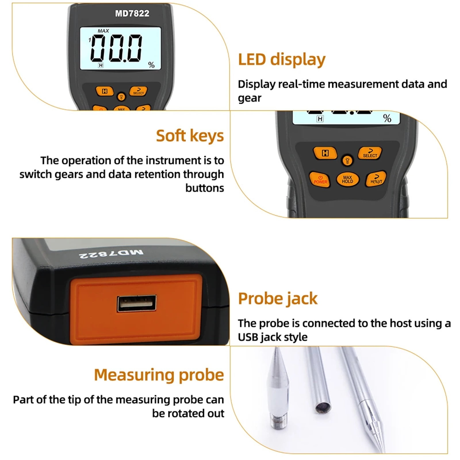 MD7822 Grain Moisture Meter Digital LCD Display Grain Hygrometer Thermometer Humidity Temperature Tester For Wheat Corn Rice ,Tool