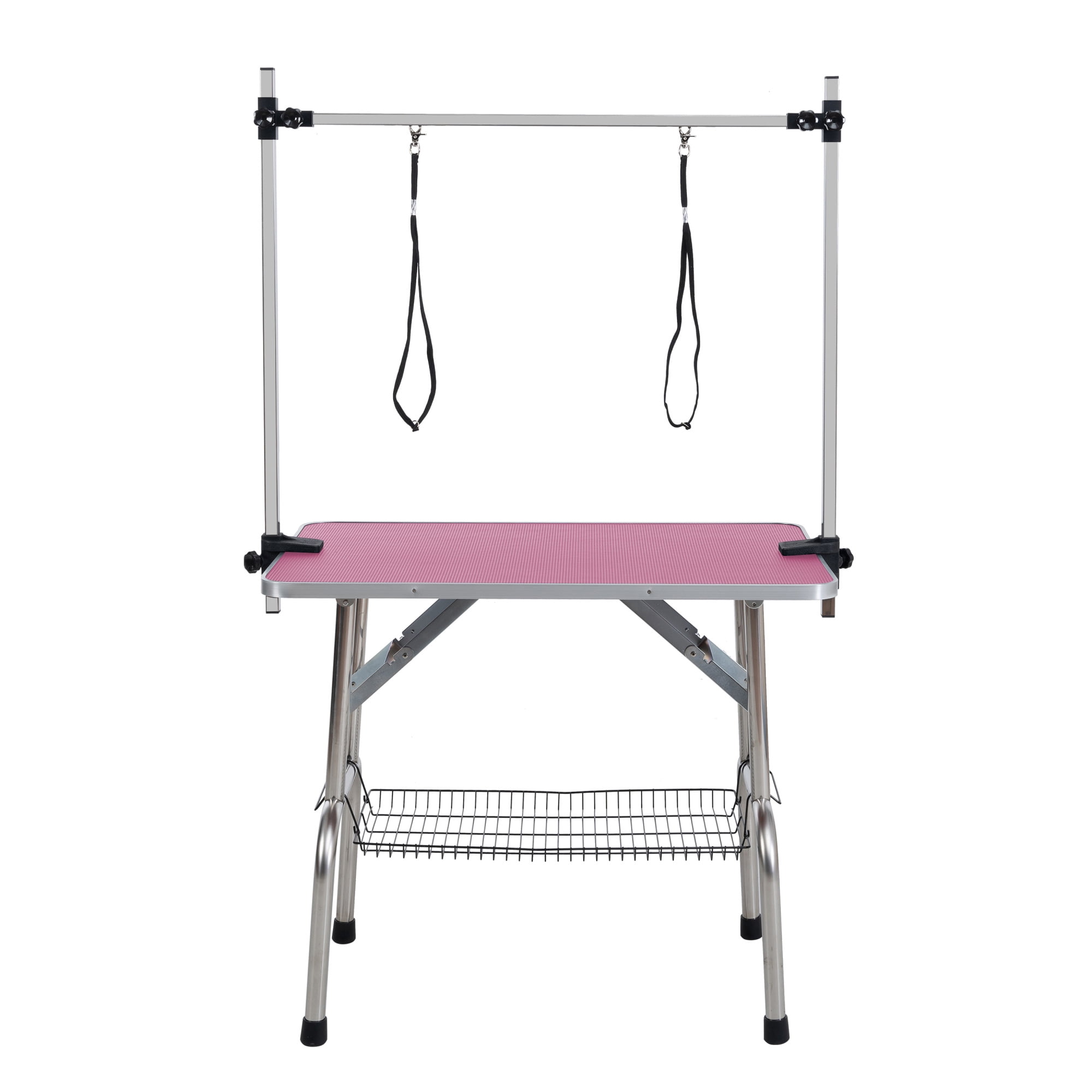 Leumius 46" Folding Pet Grooming Table with Adjustable Arm and Clamps Stainless Steel Frame for Dog and Cat Large Heavy Duty Animal Pink