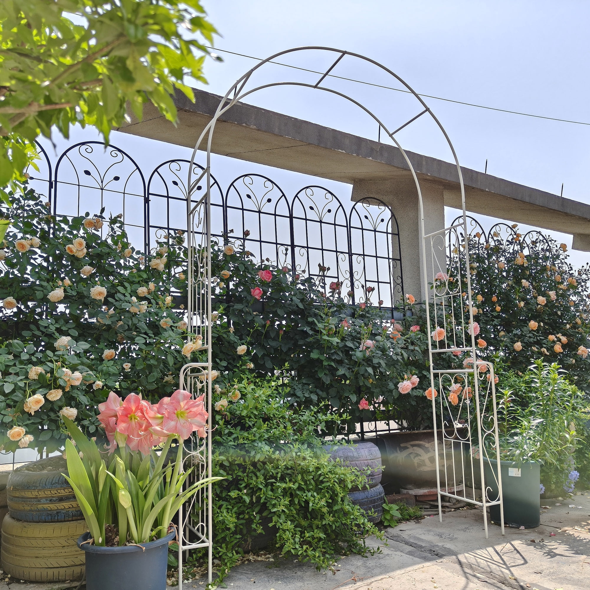 Garden Arch W55" x H94.5" Garden Arbor Trellis Climbing Plants Support Rose Arch Outdoor Arch Cream White