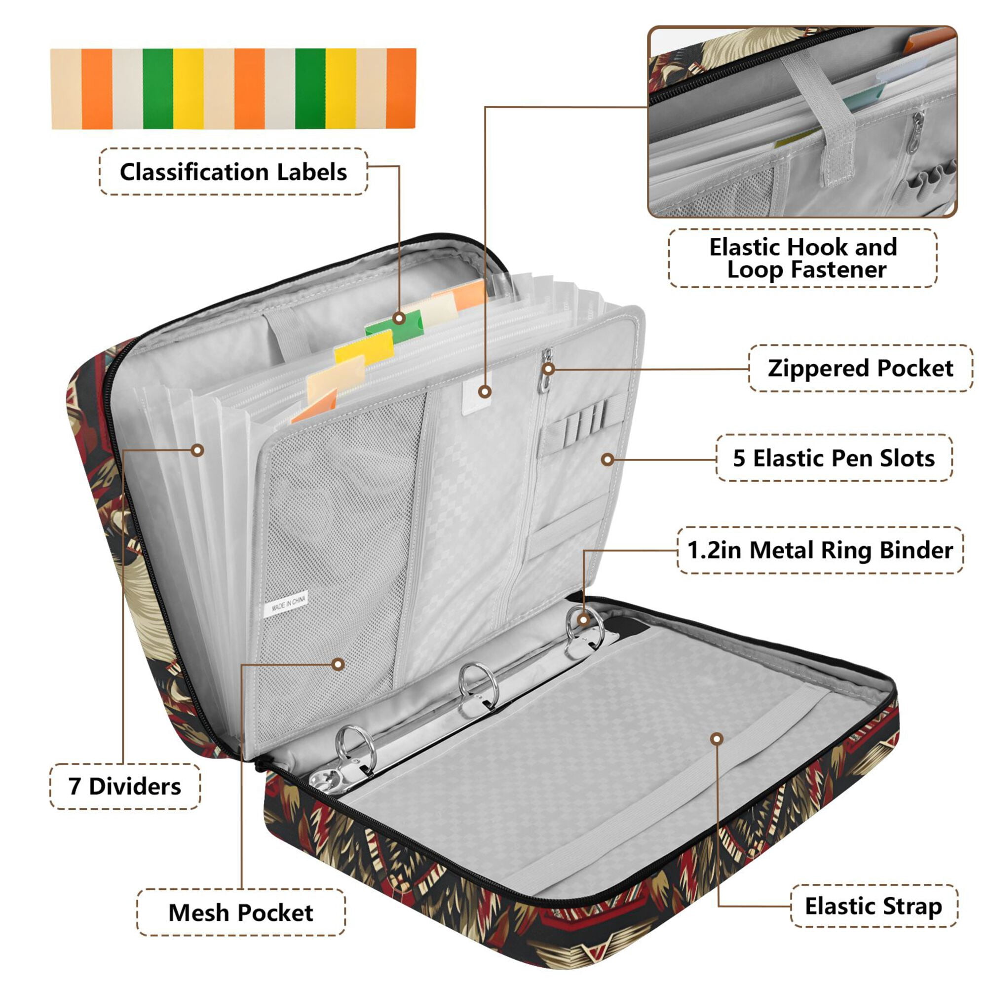 FORMRS Accordion File Folder A4 Size 7-Pocket Expanding Document Organizer Bag with 3 Ring Binder, Red Abstract Eagle