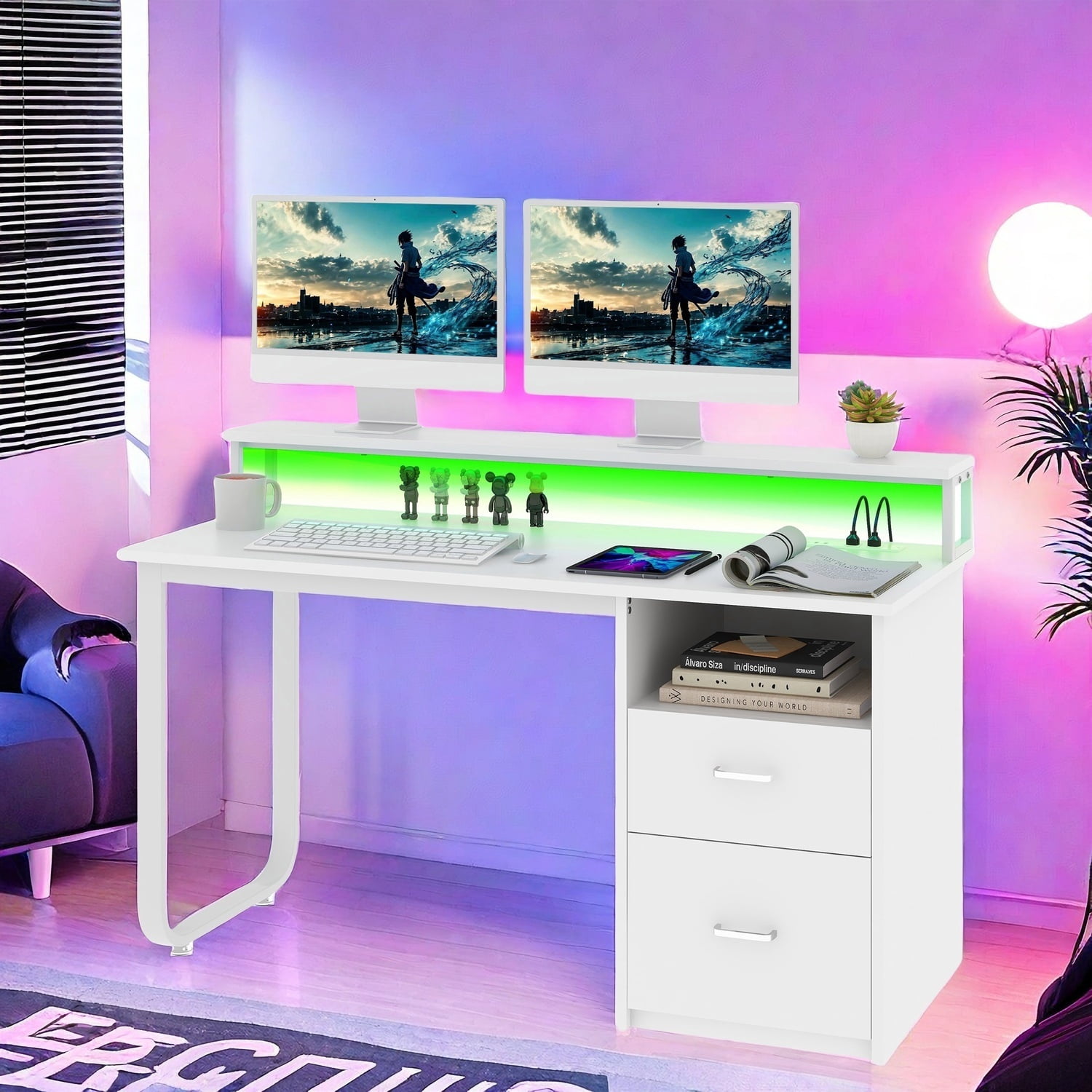 Uforic Computer Desk With LED Light & 2 Drawers, 47" Modern Office Desk for Home Office, White