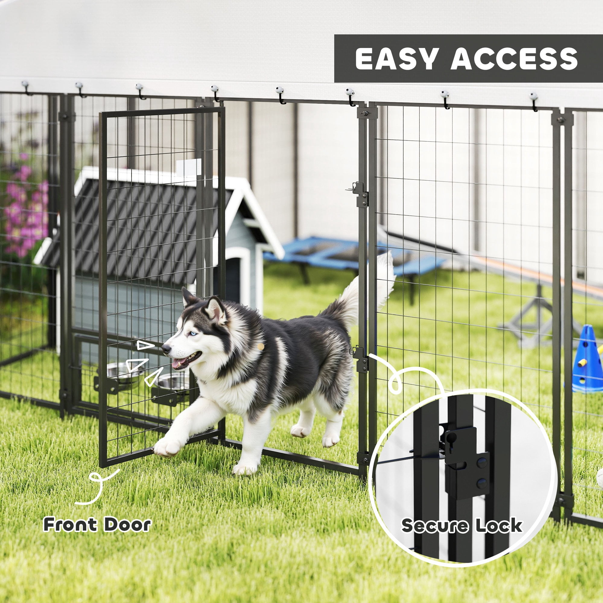 PawHut Outdoor Dog Kennel, Welded Wire Dog Run with 360° Rotating & 4 Levels Adjustable Bowls, Waterproof & UV Resistant Cover, 9.8' x 9.8' x 6.8'