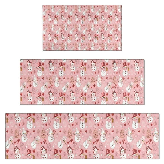 Pink Christmas Snowman Pattern Kitchen Rugs Sets Of 3,Kitchen Runner Rugs Non Skid Washable,Decorative Kitchen Floor Mats for Kitchen,Sink,Laundry,17"x30" 17"x47" 17"x59"