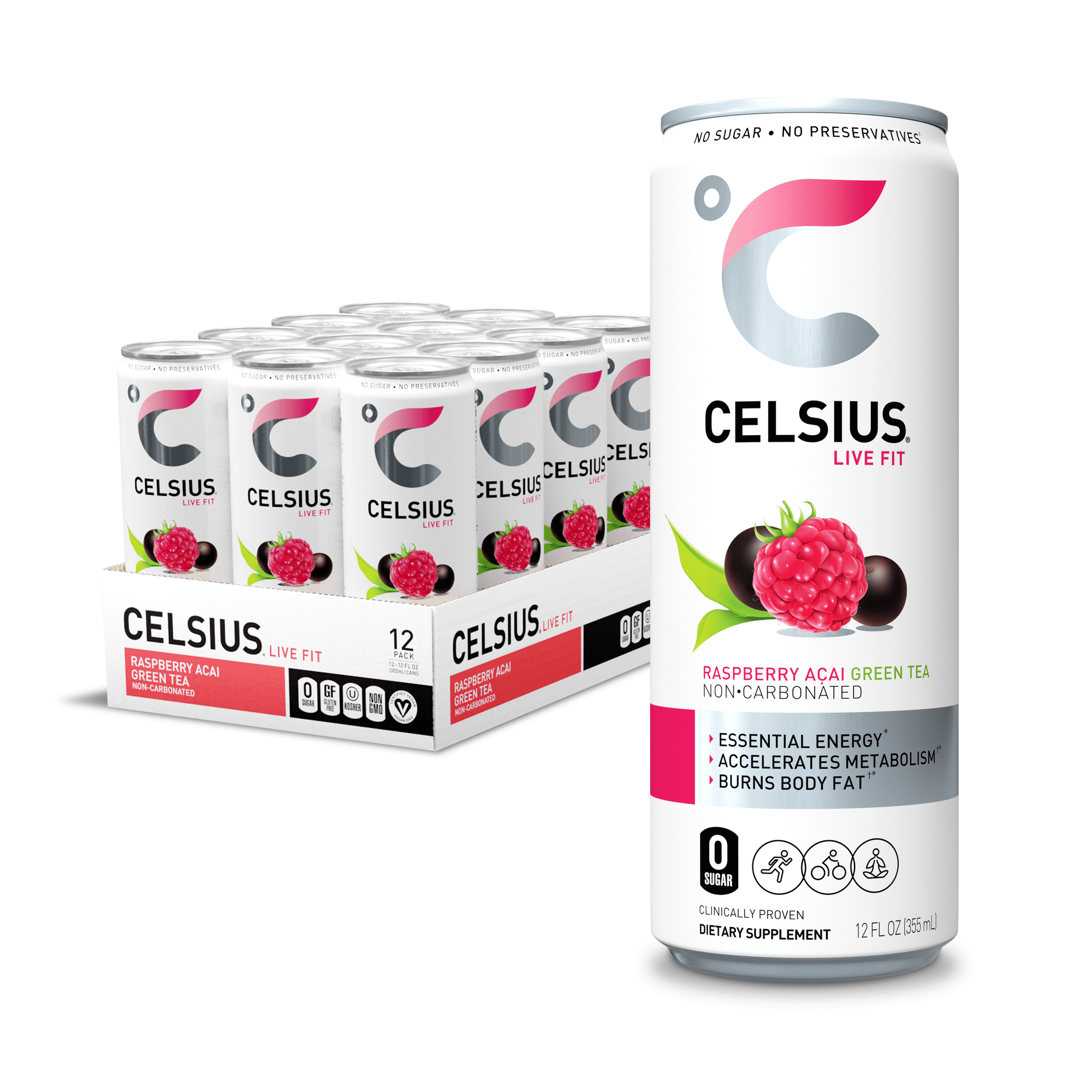 CELSIUS Essential Energy Drink 12 Fl Oz, Raspberry Acai Green Tea (Pack of 12)