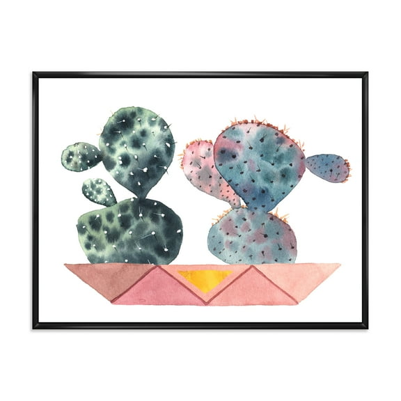 Designart 'Cactus Duo In Pink Pots Geometric' Modern Framed Canvas Wall Art Print