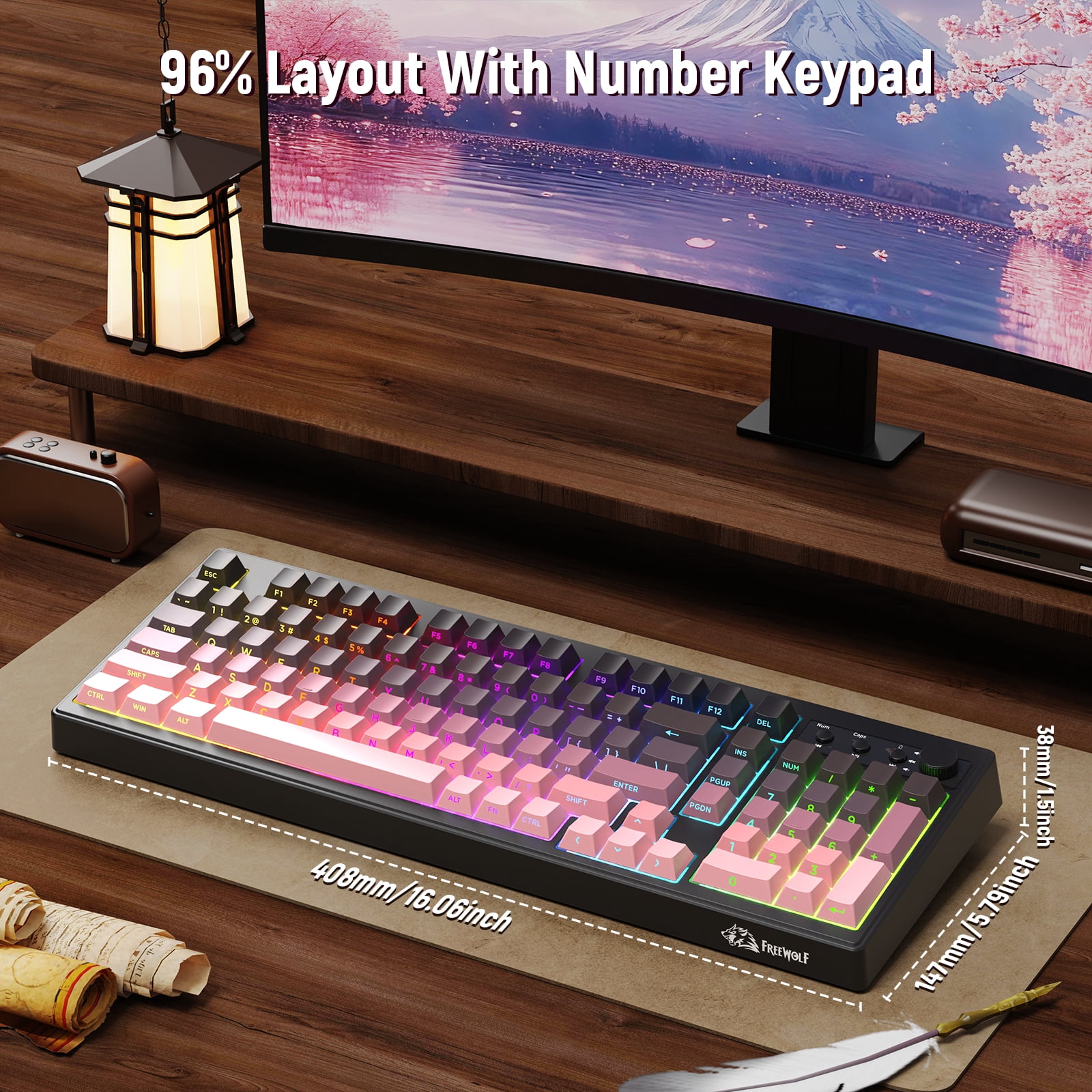 ZIYOU LANG K100 90% Wireless Gaming Keyboard, Tri-Mode Bluetooth/2.4GHz/USB-C, RGB Backlit, Number Pad, for PC/Mac, Pink Creamy