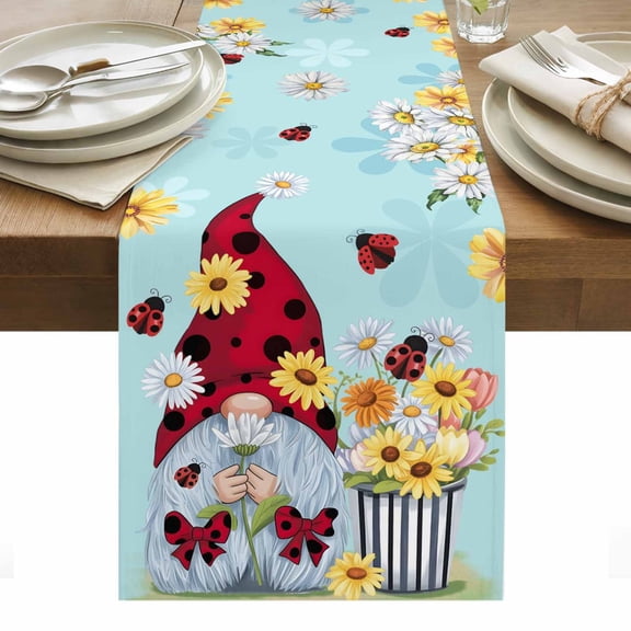Aqua Gnomes Daisy Table Runner - 48 Inch Long, Kitchen Dining Table Runner Dresser Scarves, Pastoral Country Garden Floral Farmhouse Decor for Coffee Tables Wedding Party Banquet