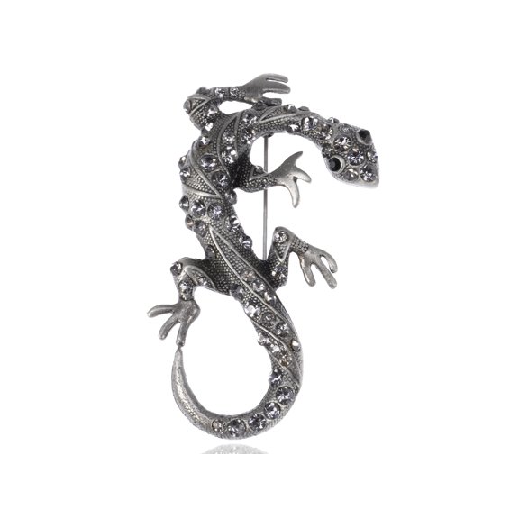 Womens Antique Tone Grey Rhinestones Vintage Gothic Gecko Lizard Long Brooch Pin