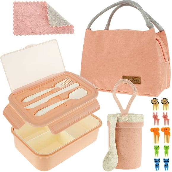 Retrok Boîte à Lunch Bento avec Compartiments Boîte de Rangement Étanche Boîte Bento Portable Conteneur Lave-Vaisselle Congélateur Micro-Ondes Sûr Conteneur à Lunch avec Sac Thermique Couverts Tasse Tissu (Rose)