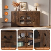 Keenstone Expandable Buffet Cabinet with Storage, 55.1 W Sideboard Cabinet with Drawers and Glass Doors, Coffee Bar Cabinet with Adjustable Shelves, Dark Brown
