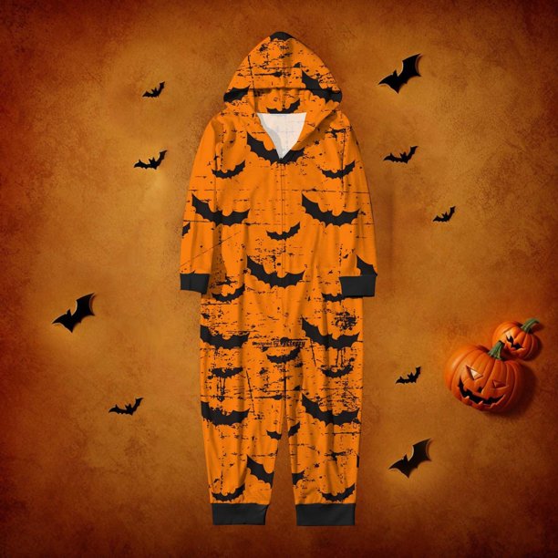 Family Halloween Pjs Matching Sets Halloween Print Long Sleeve Zippered One Piece Pajama Hooded Jumpsuit Winter Halloween Pjs Family Set