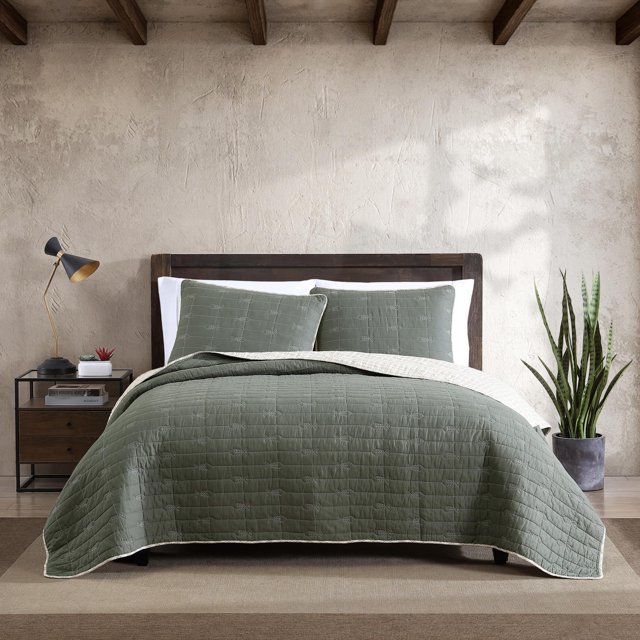 Eddie Bauer - Juego de edredón King reversible de algodón con fundas a juego, decoración ligera para el hogar para todas las estaciones (Troutdale Green King)